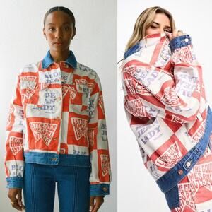 NEW Wrangler Curvy Blue Jean Womens Denim Jacket Cowgirl Retro Print Size XXL